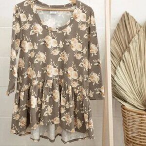 Jax + Lennon Womens sz M Brown Floral Peplum Bamboo Longsleeve Top Oversized